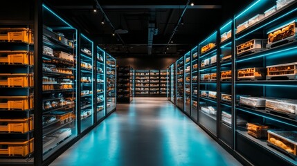Modern storage facility with illuminated shelves