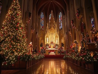 Magnificently Decorated Christmas Church Sanctuary with Glowing Lights and Ornaments