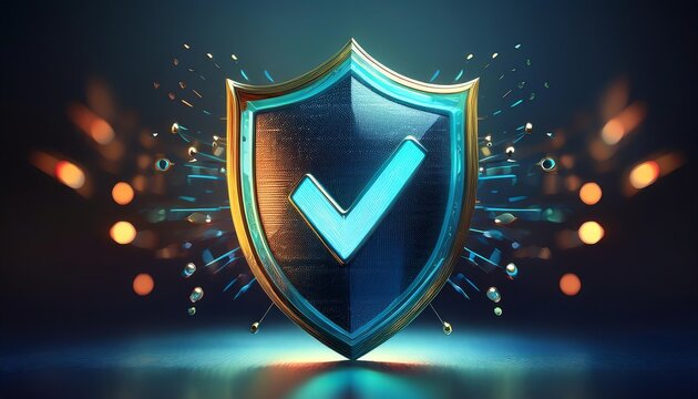 An artistic depiction of a shield with a checkmark, symbolizing security, protection, and trust in a digital context.