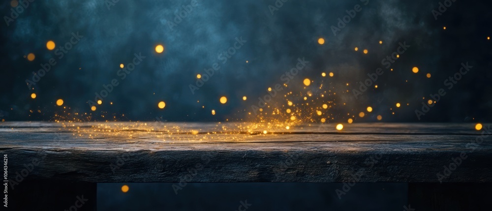 Poster a dark background with shimmering golden particles above a textured surface.