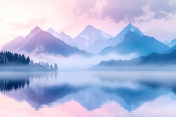Misty Mountain Landscape at Dawn or Dusk with Serene Lake Reflection