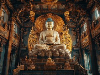 Obraz premium Ornate Buddha Statue in Elaborate Buddhist Temple Interior