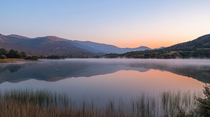 As dawn breaks, soft mist rises from the calm waters of the lake, encircled by lush hills and swaying reeds, creating a peaceful atmosphere and a serene landscape.