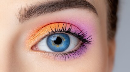 Fototapeta premium A close-up view of a woman's eye showcasing vibrant rainbow eyeshadow and striking blue iris with perfect eyelashes against a neutral background