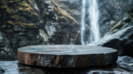 A circular stone slab rests near a waterfall, surrounded by rugged terrain and misty atmosphere.