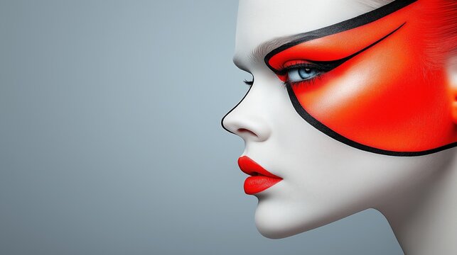 Artistic makeup design featuring bold red accents on a model’s face against a neutral background