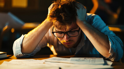 Student stressed about homework, showing frustration and concern over assignments. Papers scattered on desk, highlighting academic pressure and anxiety