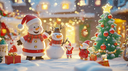 Festive winter scene with joyful snowmen and Christmas decorations in a snowy neighborhood