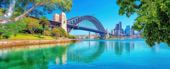 Fototapeta premium A sunny day at Sydney Harbour featuring the iconic Sydney Harbour Bridge and the vibrant city skyline