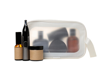 PNG, Bottles of men's cosmetics in bag and electric shaving tool, isolated on white background