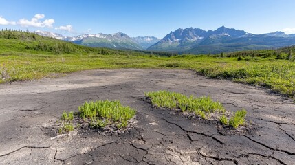 Lush green shoots emerge from cracked earth in a vast landscape near rugged mountains under a clear blue sky