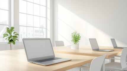 A modern office workspace with a diverse team collaborating on laptops, clean and organized environment.