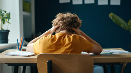 Student feeling overwhelmed while studying at desk, showing frustration and stress. room has plant and stationery, creating focused study environment