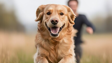 Golden retriever joyfully runs through a field spreading happiness and energy