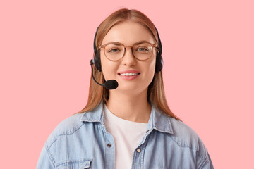 Female technical support agent in headset on pink background, closeup