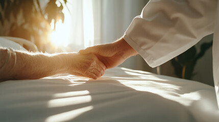 doctor holding hand of elderly patient in hospital setting, conveying care and compassion. warm sunlight adds comforting atmosphere