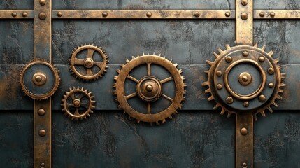 Fototapeta premium Steampunk metal plaque with brass borders, steampunk, metal, plaque, brass, borders, vintage, industrial, retro 