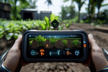 Augmented reality display showing crop health data over a rural field, symbolizing futuristic adaptations in traditional farming