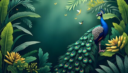 Fototapeta premium A high-definition photo of an exotic jungle wallpaper design with vibrant peacock illustrations amidst a backdrop of banana and tropical leaves.