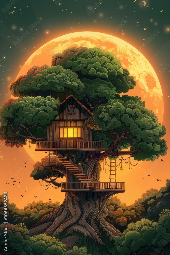 Poster a treehouse nestled in the branches of a large tree, bathed in the warm glow of a full moon. ai.