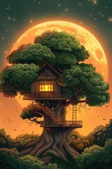 A treehouse nestled in the branches of a large tree, bathed in the warm glow of a full moon. AI.