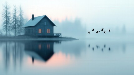 Misty Lake Cabin with Birds Flying Over Water
