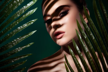 Photo of hot alluring girl feel desire hide against tropical palm tree on paradise lisland