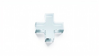 Obraz premium Plus sign cross symbol crystal transparent glass. 3D icon isolated on white background, symbolizing medical protection, healthcare safety