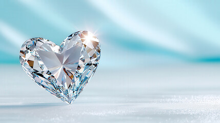 Heart-shaped crystal centerpiece glimmers on a soft background with gentle blue hues illuminating its brilliance