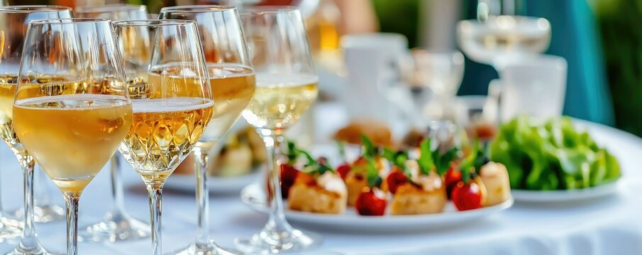 A vibrant table setting featuring glasses of wine, assorted appetizers, and fresh salad, perfect for a celebratory occasion.
