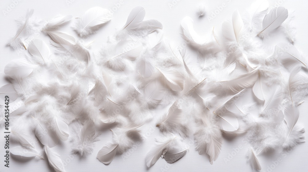 Poster soft white feathers scattered on a clean white surface creating a delicate and serene composition in