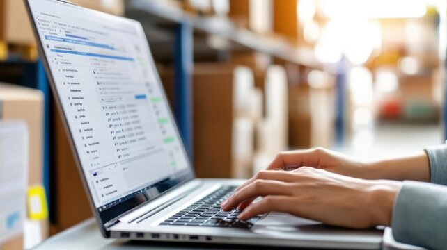 Detailed logistics software on laptop, hands entering order details