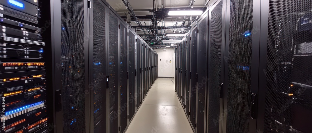Poster a corridor lined with server racks in a data center, showcasing technology infrastructure.