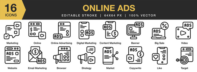 Online Ads icon set. Editable Stroke Icon Collection. Includes banner, big sale, browser, digital marketing, like, and More. Outline icons vector collection.