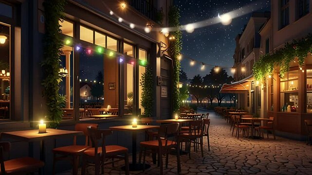 Cozy cafe on the side of the road at night. Seamless 4K looping timelapse video animation background