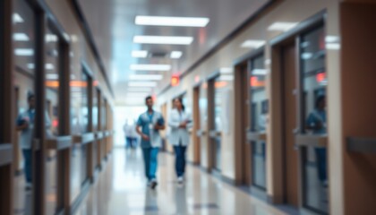 Fototapeta premium Medical and hospital corridor ambiance, with working doctors and nurses, Healthcare center