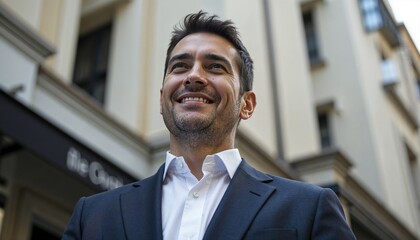 Portrait of a confident and successful businessman in a suit, smiling in an office setting with a city backdrop, embodying professionalism and executive success