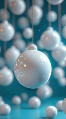 Fototapeta premium White spheres suspended in mid-air against a blue backdrop. AI.