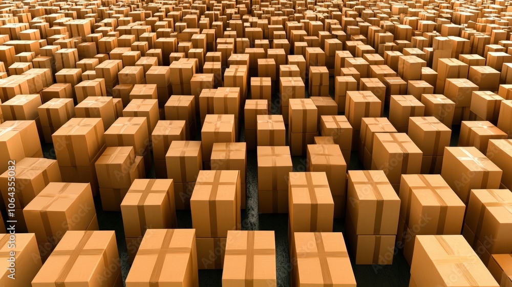 Poster a vast warehouse filled with numerous cardboard boxes stacked neatly in organized rows during daylig