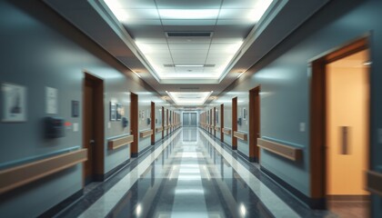 Obraz premium Modern hospital corridor with long exposure effect, Healthcare center
