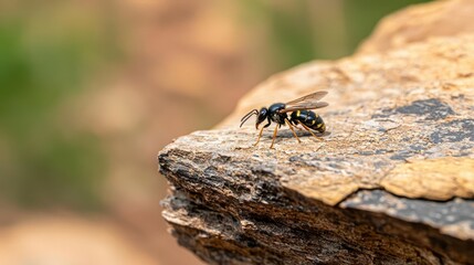 Closeup of a wasp on a rough rock surface, intense details, wild and natural setting