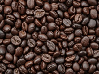 Naklejka premium Close-up shot of rich, dark coffee beans with a variety of textures and colors, rustic