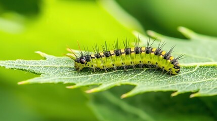 Fototapeta premium Macro of a tiny caterpillar on a leaf, bright green, soft and wild textures