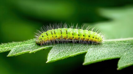 Fototapeta premium Macro of a tiny caterpillar on a leaf, bright green, soft and wild textures