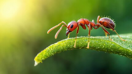 Macro of an ant on a blade of grass, tiny details, deep green, outdoor wilderness
