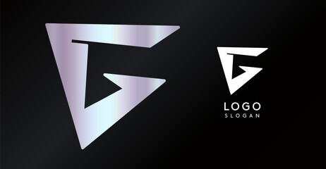 Naklejka premium Geometric triangular G letter, abstract dynamic logo, modern holographic gradient monogram for gaming, technology, urban art, innovation, streetwear brand, sci-fi cybersport. Vector illustration