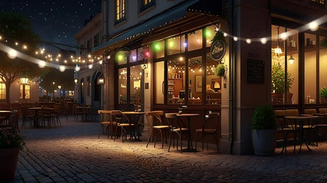 Cozy cafe on the side of the road at night. Seamless 4K looping timelapse video animation background