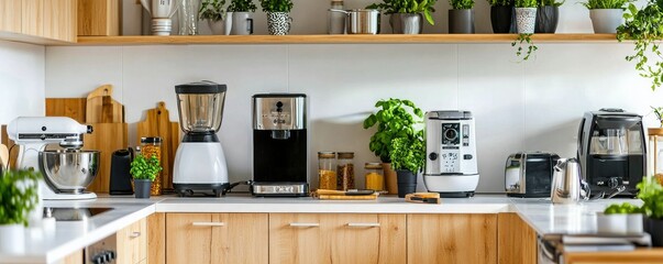 A modern kitchen countertop showcases various appliances, cooking tools, and green plants, emphasizing a fresh and organized culinary space.