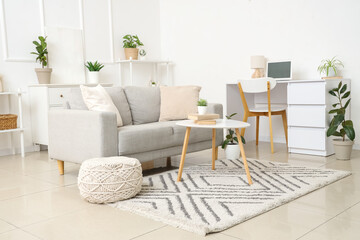 Interior of light living room with grey sofa, workplace and plants