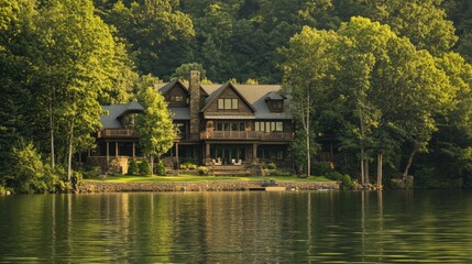 Tranquil Waterside: Homes Adorned by Trees, Hills, and the Serenity of Lakes . 
